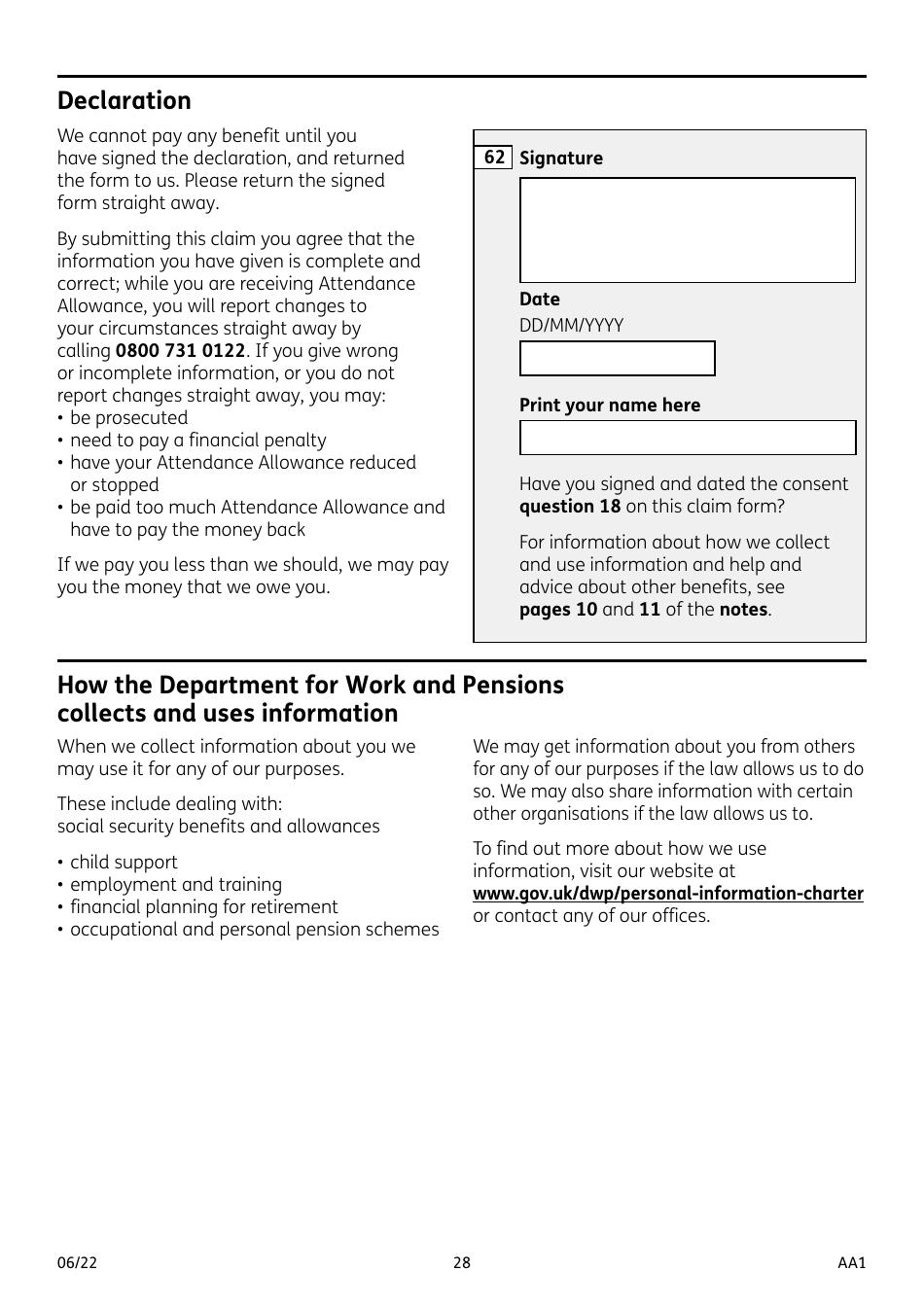 Form AA1 Attendance Allowance for People of State Pension Age or Over - United Kingdom, Page 28
