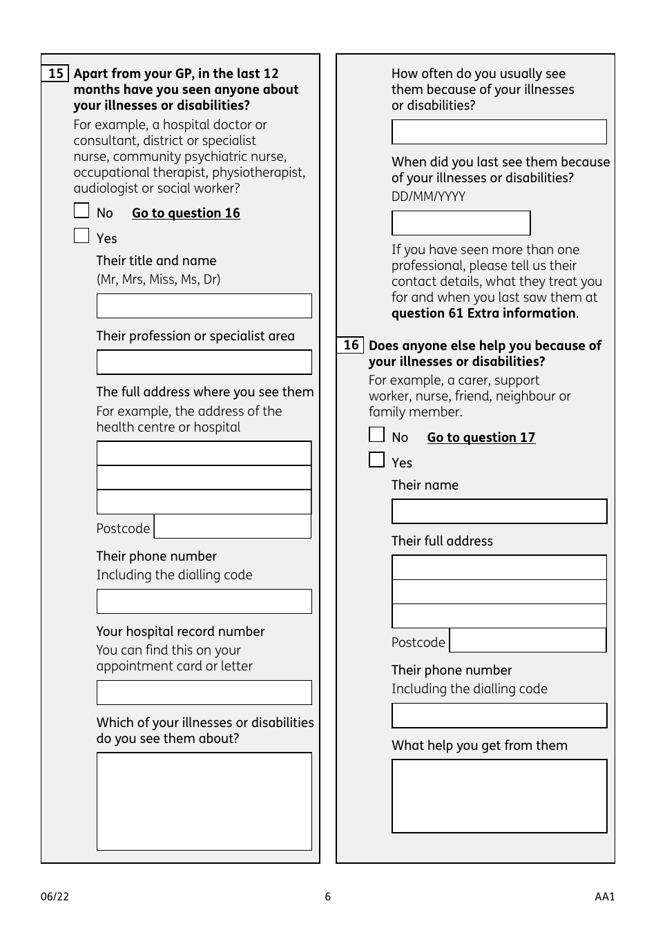 Form AA1 Attendance Allowance for People of State Pension Age or Over - United Kingdom, Page 6