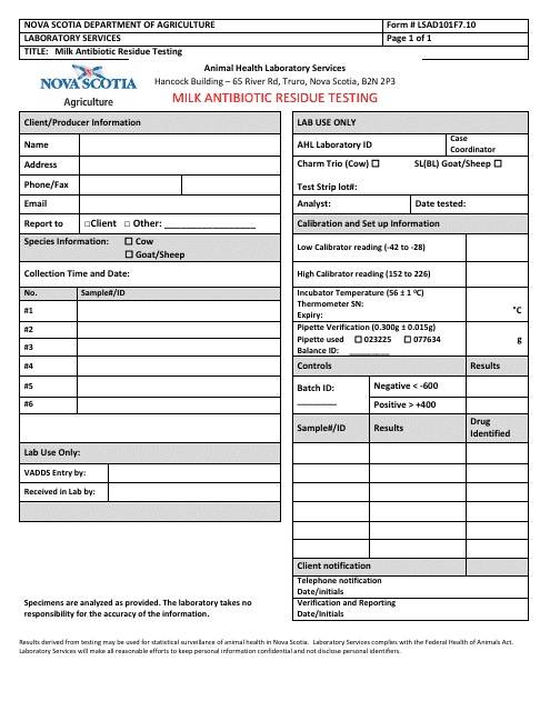 Form LSAD101F7.10 Milk Antibiotic Residue Testing - Nova Scotia, Canada