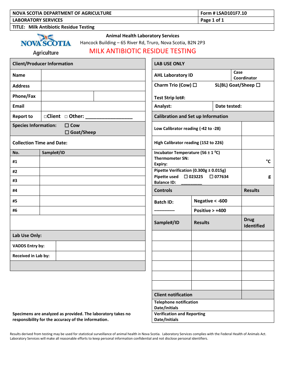 Form LSAD101F7.10 Milk Antibiotic Residue Testing - Nova Scotia, Canada, Page 1
