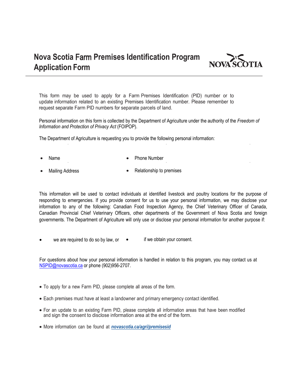 Nova Scotia Premises Identification Program Application Form - Nova Scotia, Canada, Page 1