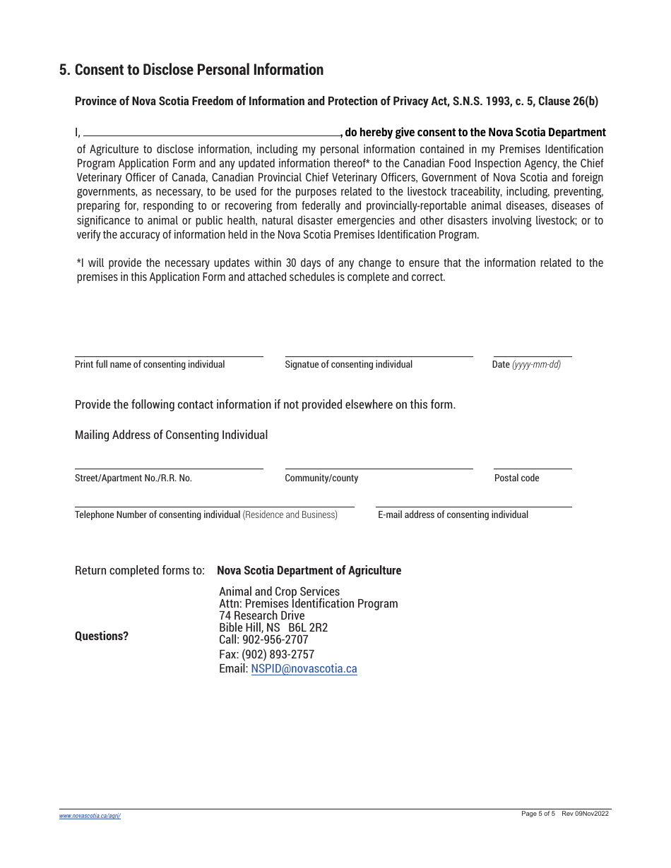Nova Scotia Premises Identification Program Application Form - Nova Scotia, Canada, Page 5