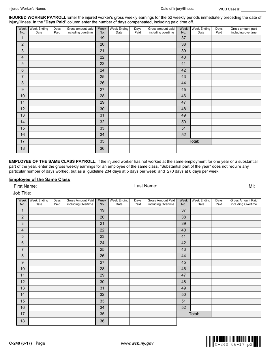 Form C-240 Employers Statement of Wage Earnings (Preceding the Date of Injury / Illness) - New York, Page 2
