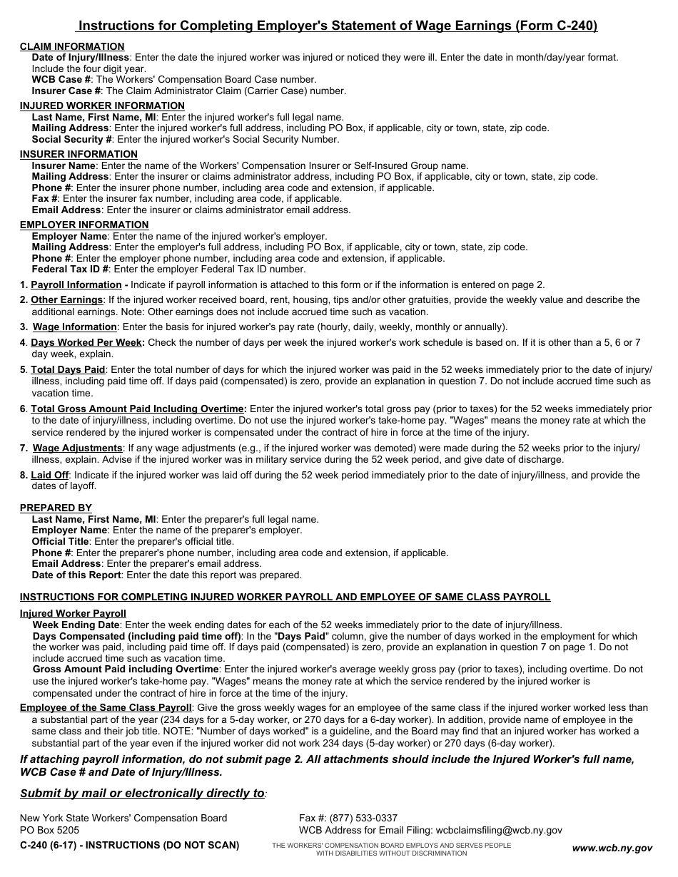 Form C-240 Employers Statement of Wage Earnings (Preceding the Date of Injury / Illness) - New York, Page 3