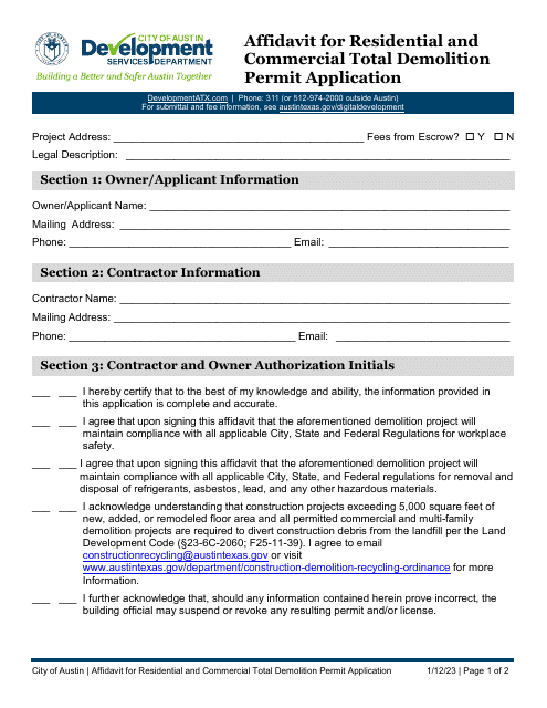 Affidavit for Residential and Commercial Total Demolition Permit Application - City of Austin, Texas Download Pdf