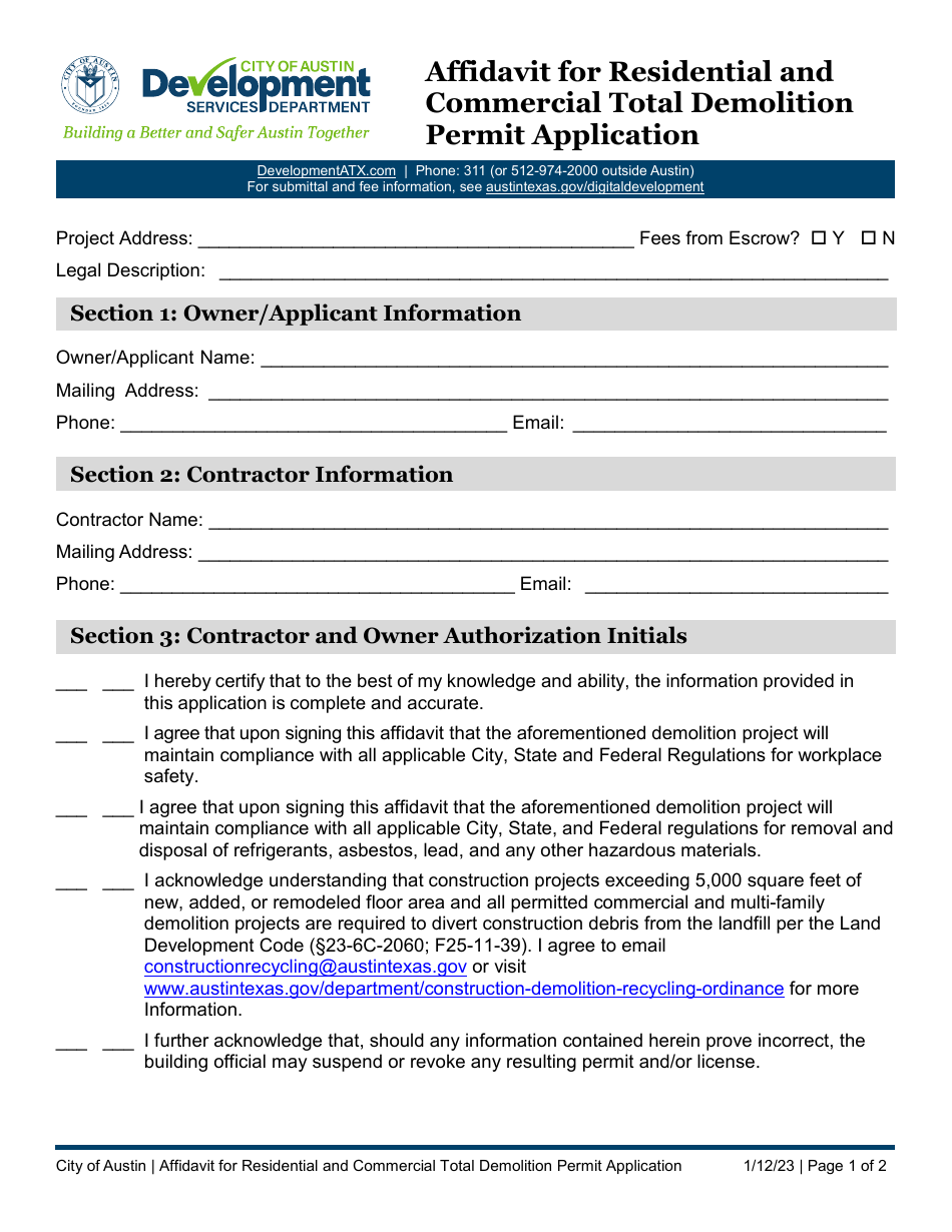 Affidavit for Residential and Commercial Total Demolition Permit Application - City of Austin, Texas, Page 1
