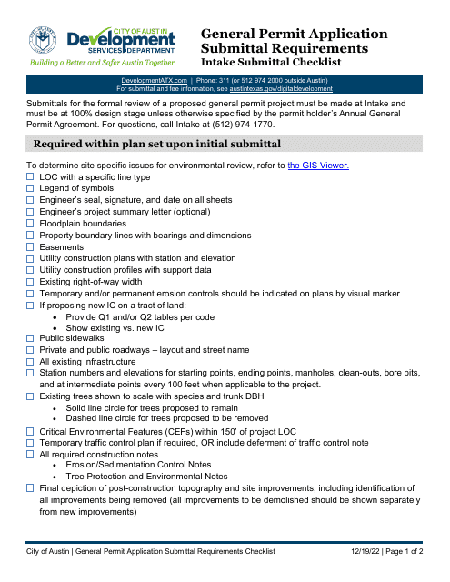 General Permit Application Submittal Requirements - Intake Submittal Checklist - City of Austin, Texas Download Pdf