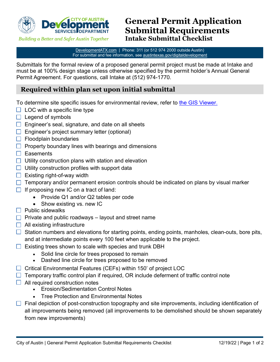 City of Austin, Texas General Permit Application Submittal Requirements