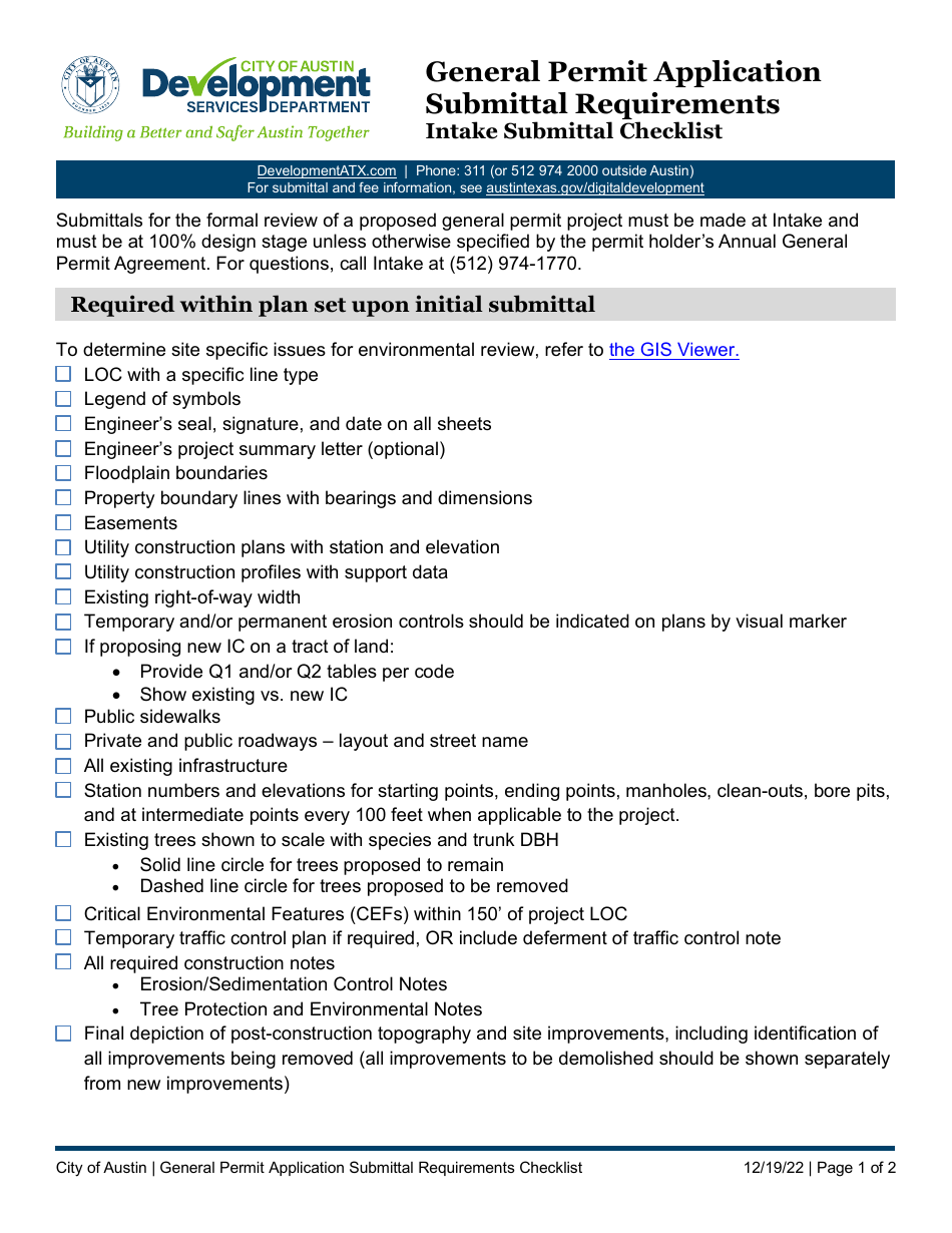 General Permit Application Submittal Requirements - Intake Submittal Checklist - City of Austin, Texas, Page 1