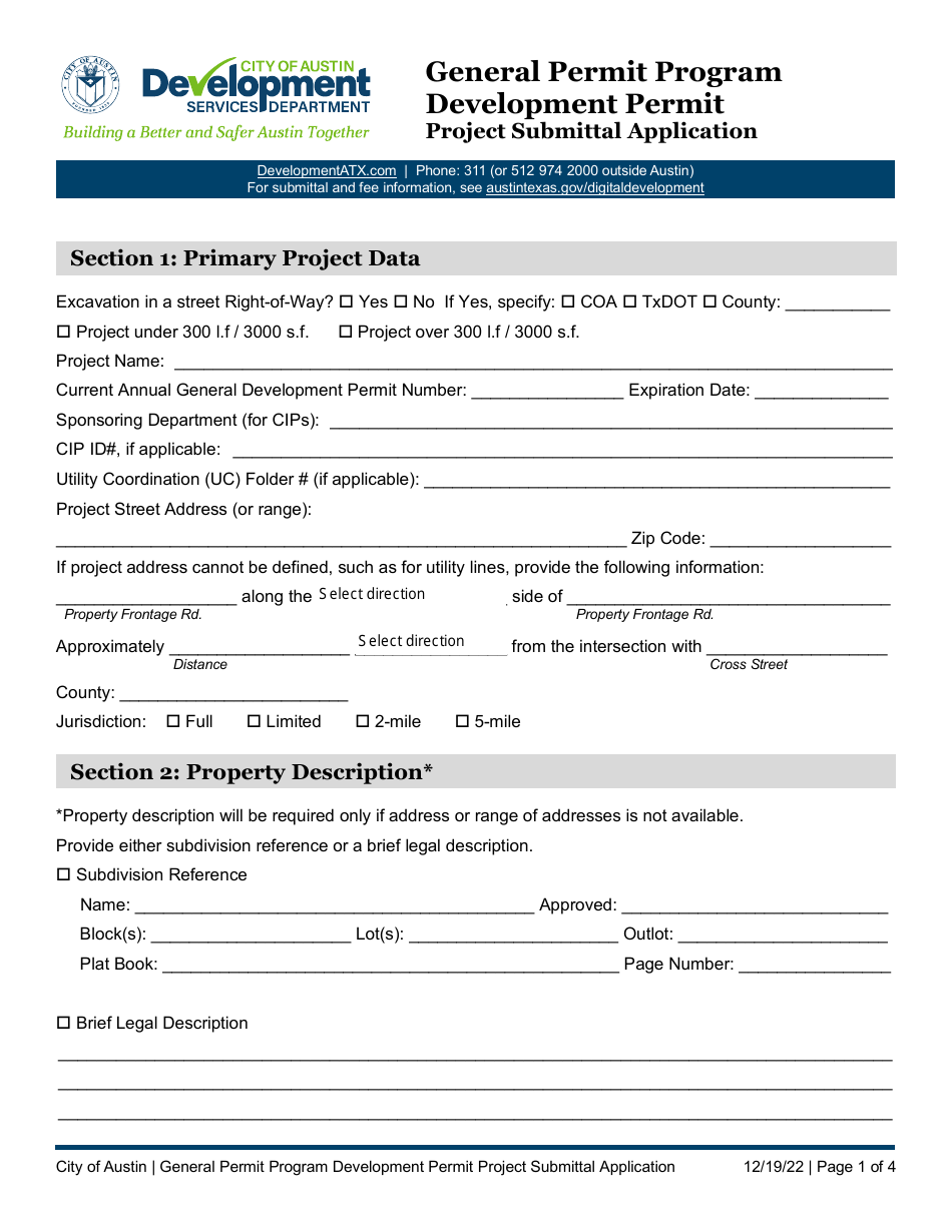 General Permit Program Development Permit Project Submittal Application - City of Austin, Texas, Page 1