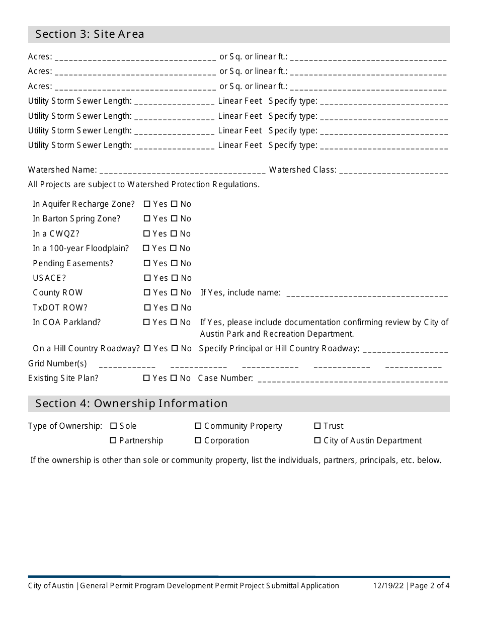 General Permit Program Development Permit Project Submittal Application - City of Austin, Texas, Page 2