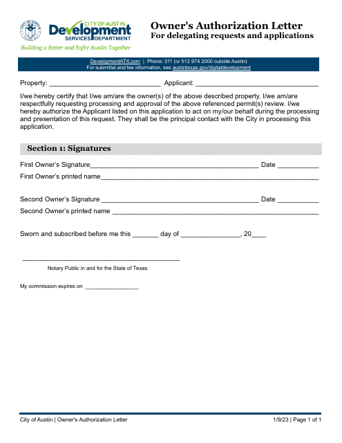 Owner's Authorization Letter for Delegating Requests and Applications - City of Austin, Texas Download Pdf