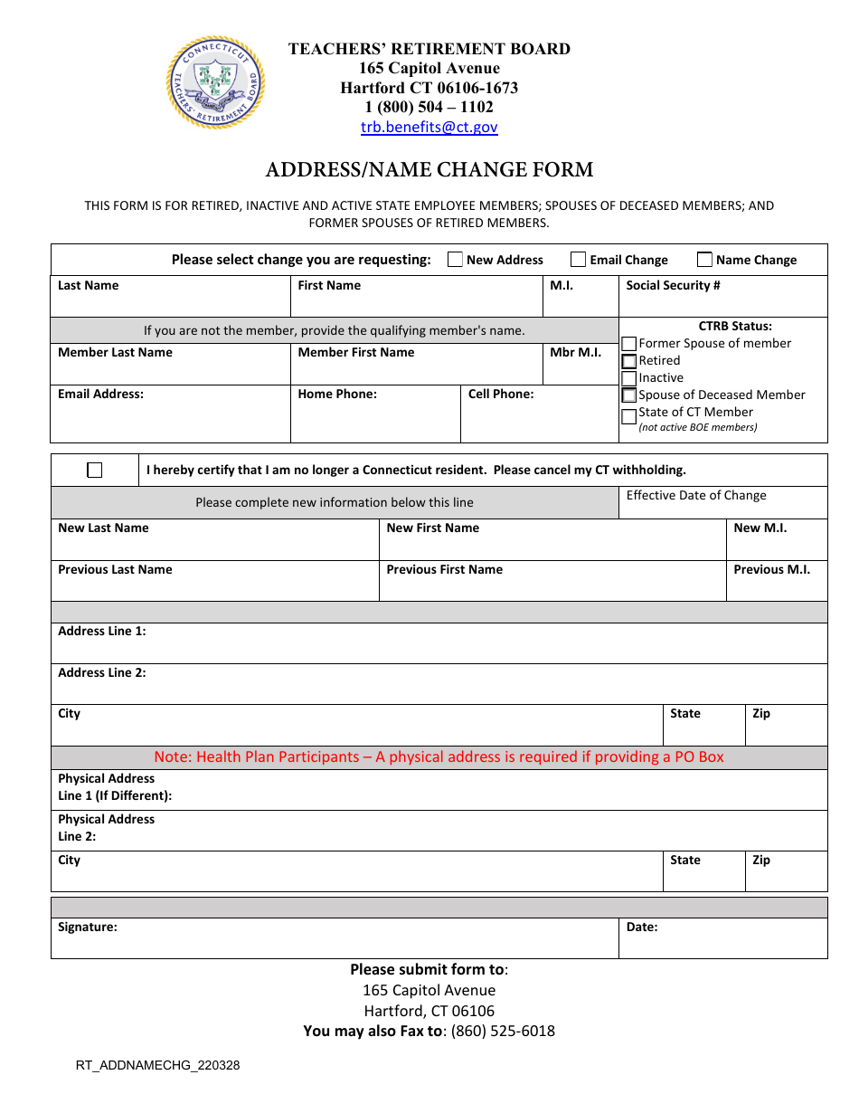 Address / Name Change Form - Connecticut, Page 1