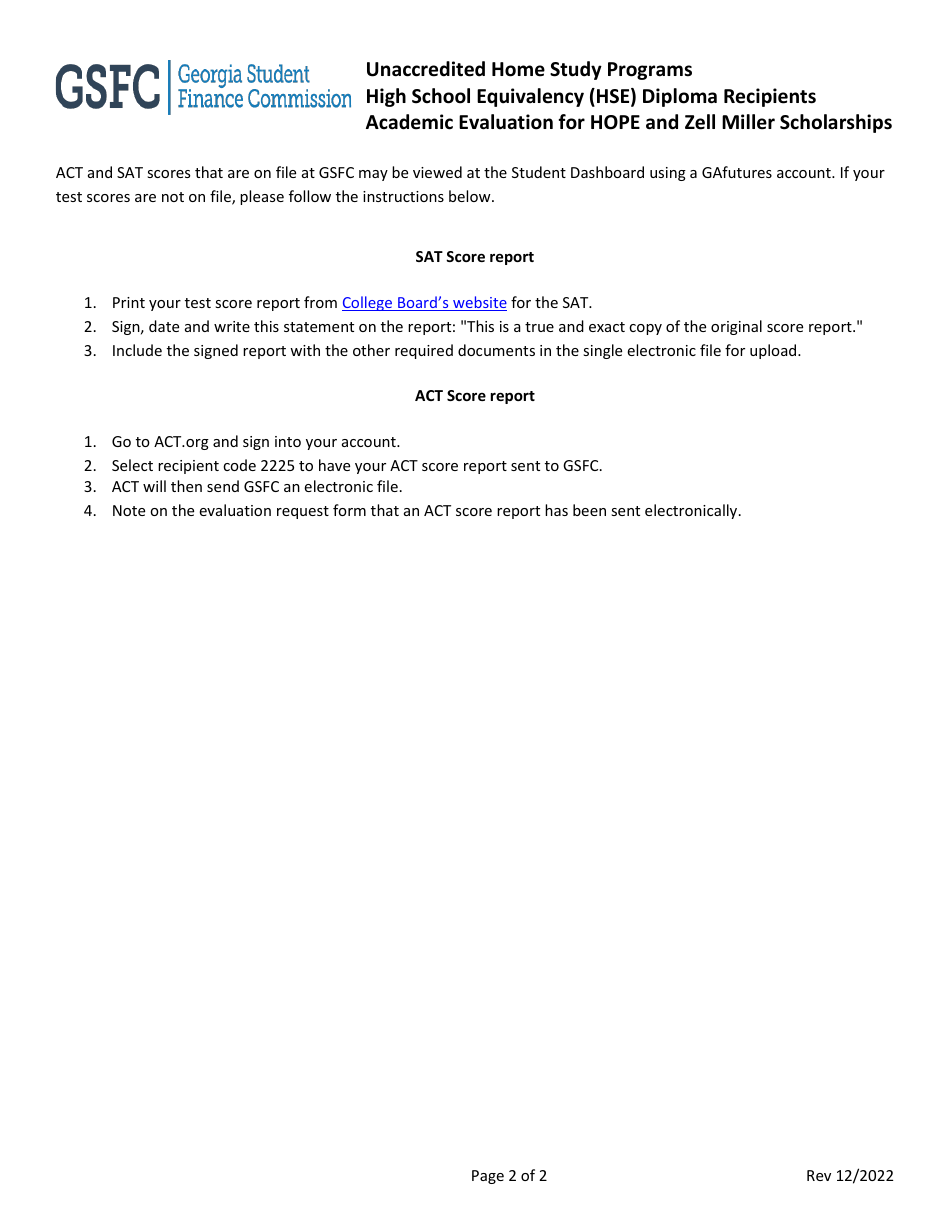 High School Equivalency (Hse) Diploma Recipients Academic Evaluation for Hope and Zell Miller Scholarships - Unaccredited Home Study Programs - Georgia (United States), Page 2