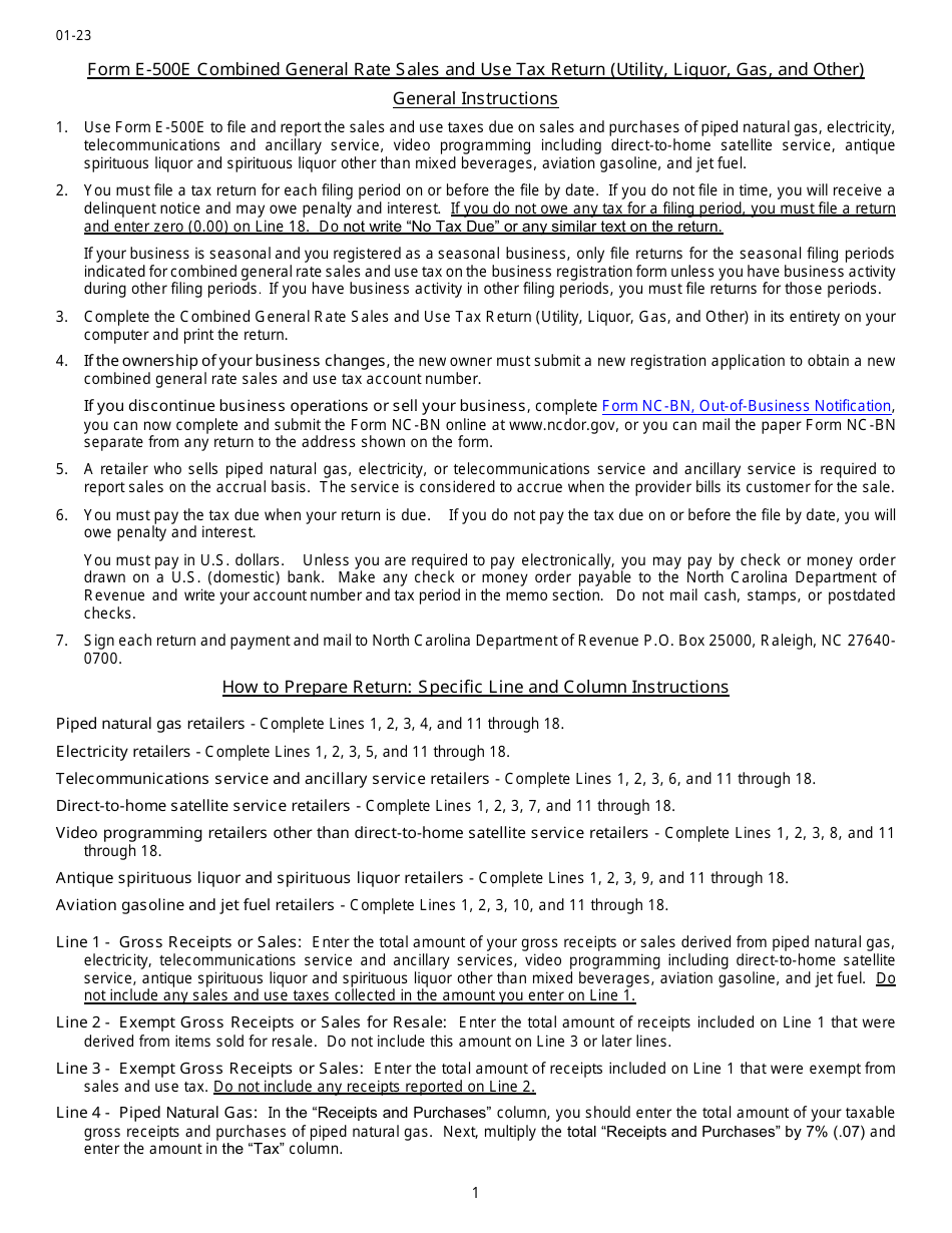 Instructions for Form E-500E Combined General Rate Sales and Use Tax Return (Utility, Liquor, Gas, and Other) - North Carolina, Page 1