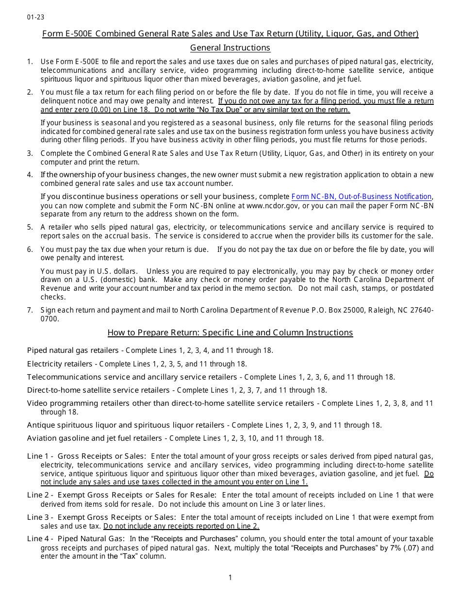 Download Instructions For Form E 500E Combined General Rate Sales And Use Tax Return Utility