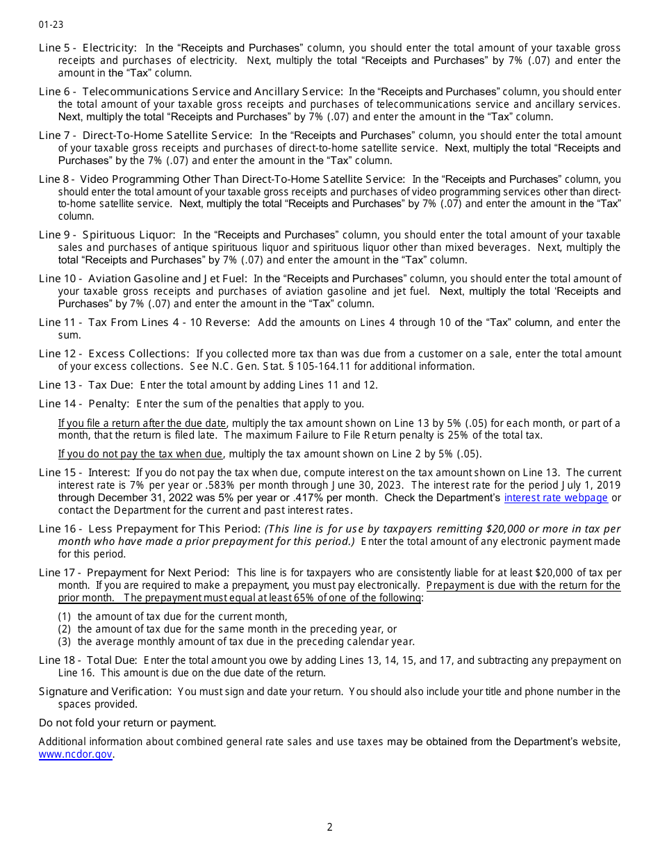 Instructions for Form E-500E Combined General Rate Sales and Use Tax Return (Utility, Liquor, Gas, and Other) - North Carolina, Page 2