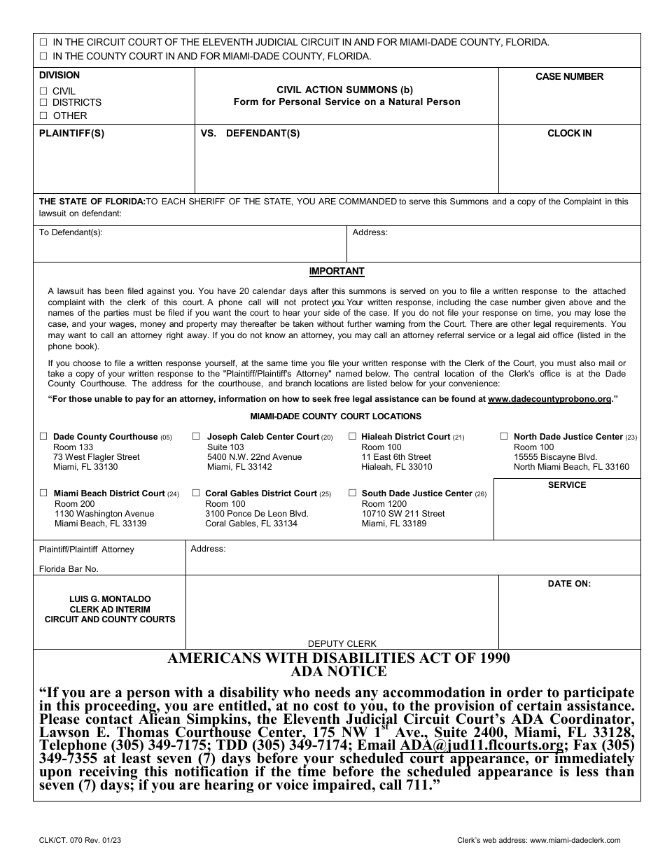 Form CLK / CT.070 Civil Action Summons (B) Form for Personal Service on a Natural Person - Miami-Dade County, Florida (English / Spanish / French / Haitian Creole), Page 1