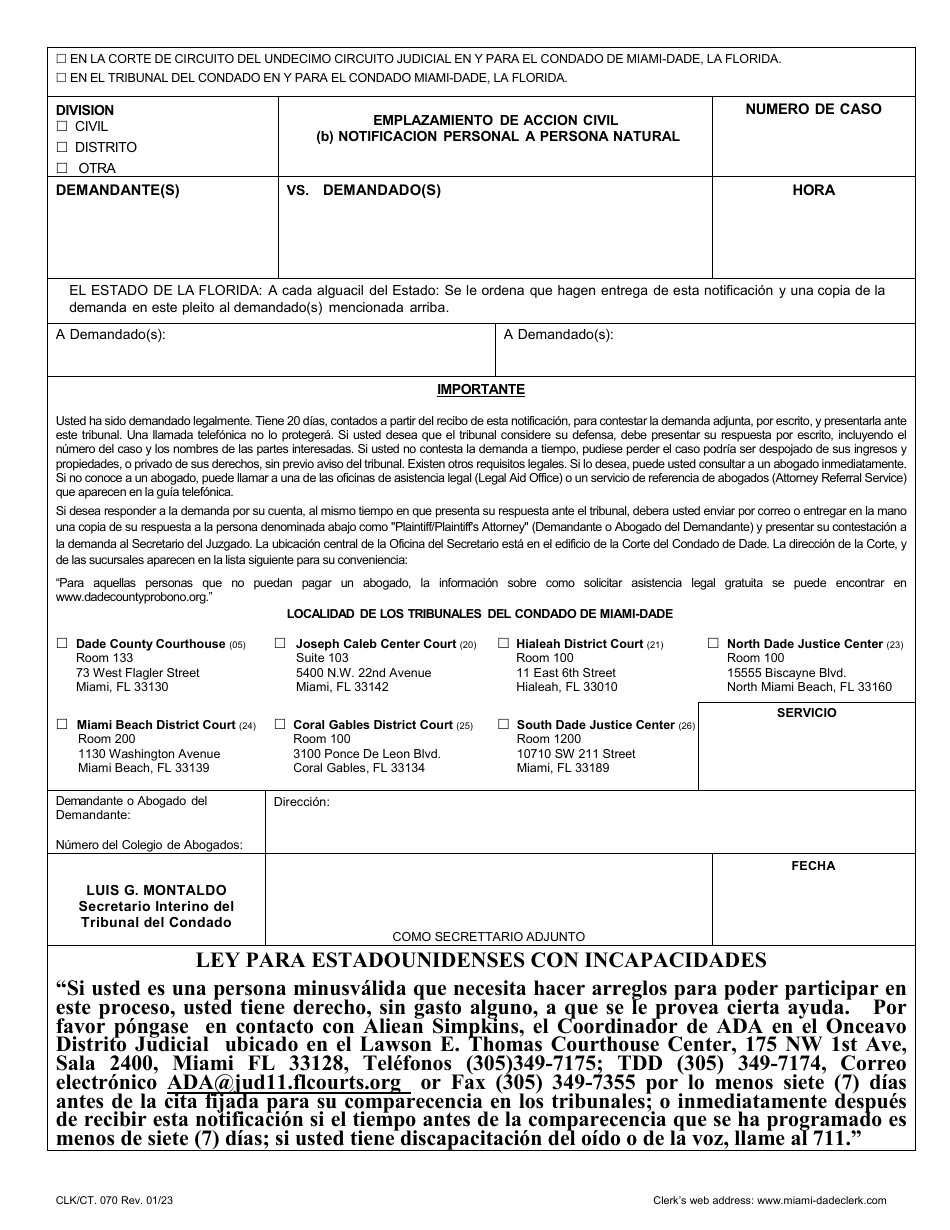 Form CLK / CT.070 Civil Action Summons (B) Form for Personal Service on a Natural Person - Miami-Dade County, Florida (English / Spanish / French / Haitian Creole), Page 2