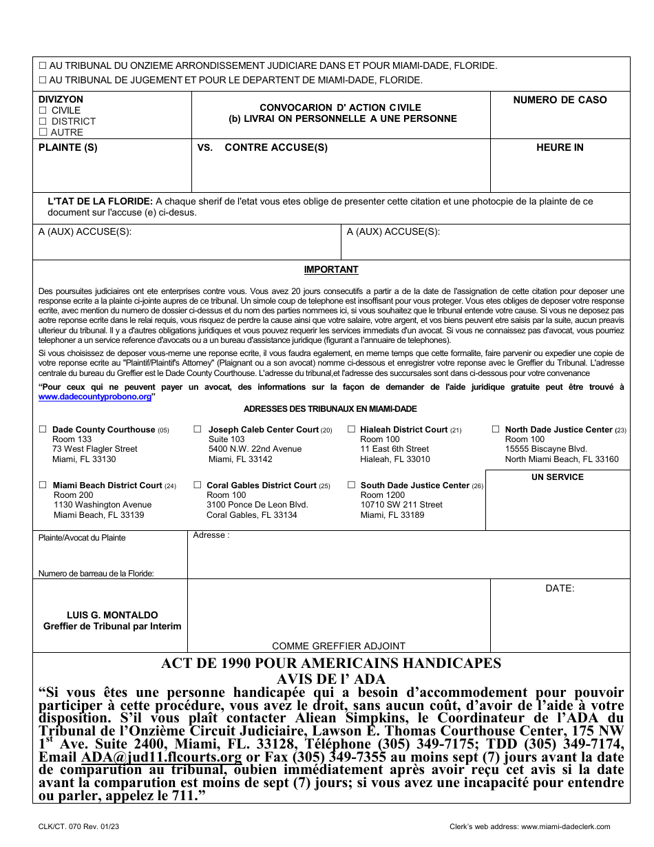 Form CLK / CT.070 Civil Action Summons (B) Form for Personal Service on a Natural Person - Miami-Dade County, Florida (English / Spanish / French / Haitian Creole), Page 3