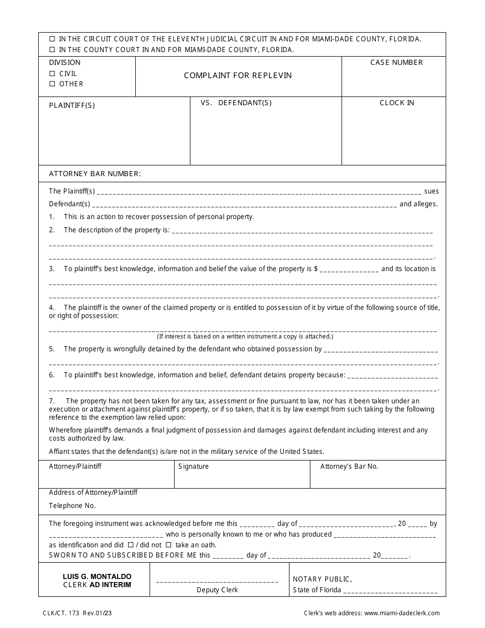 Form CLK / CT.173 Complaint for Replevin - Miami-Dade County, Florida, Page 1