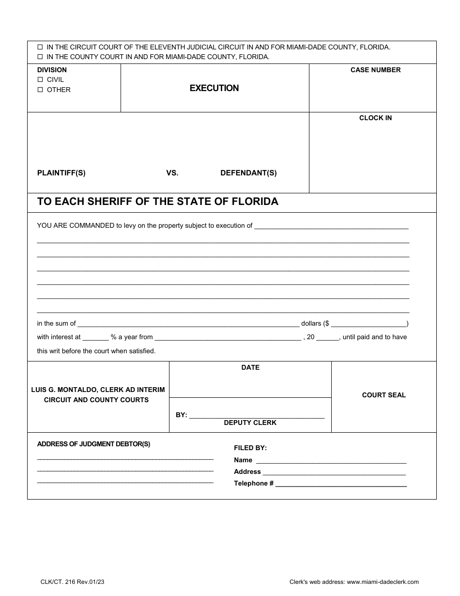 Form CLK / CT.216 Execution - Miami-Dade County, Florida, Page 1