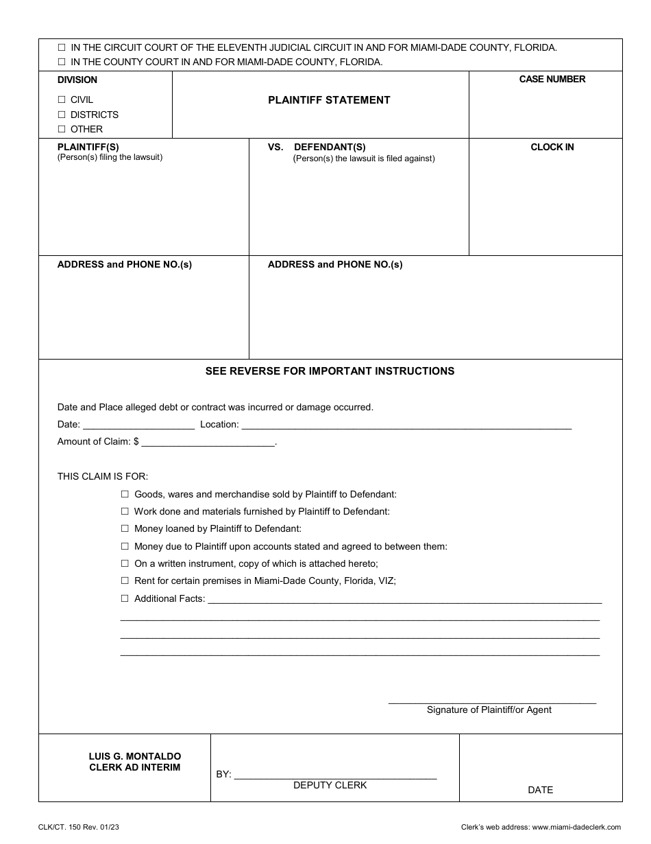 Form CLK / CT.150 Plaintiff Statement - Miami-Dade County, Florida, Page 1