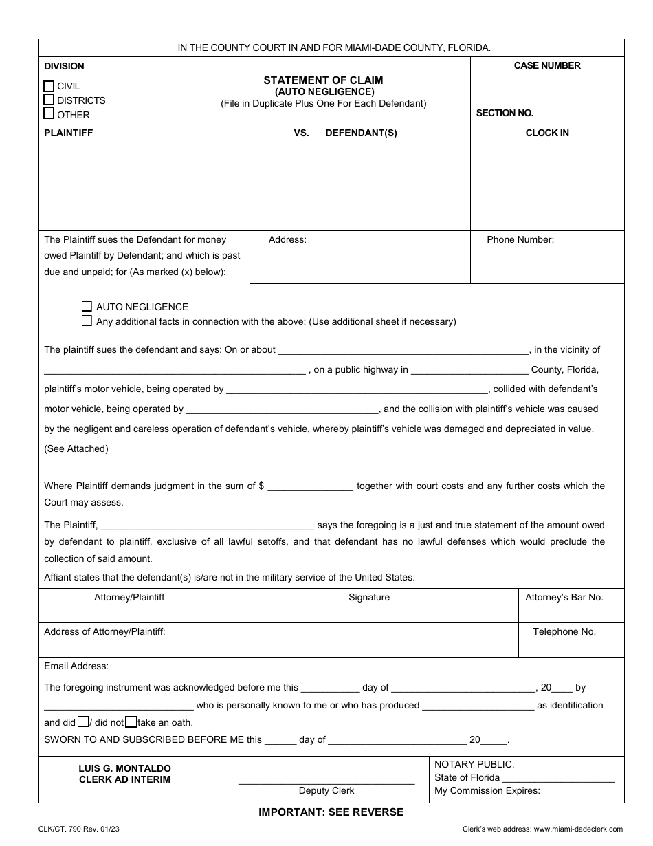 Form CLK / CT.790 Statement of Claim (Auto Negligence) - Miami-Dade County, Florida, Page 1