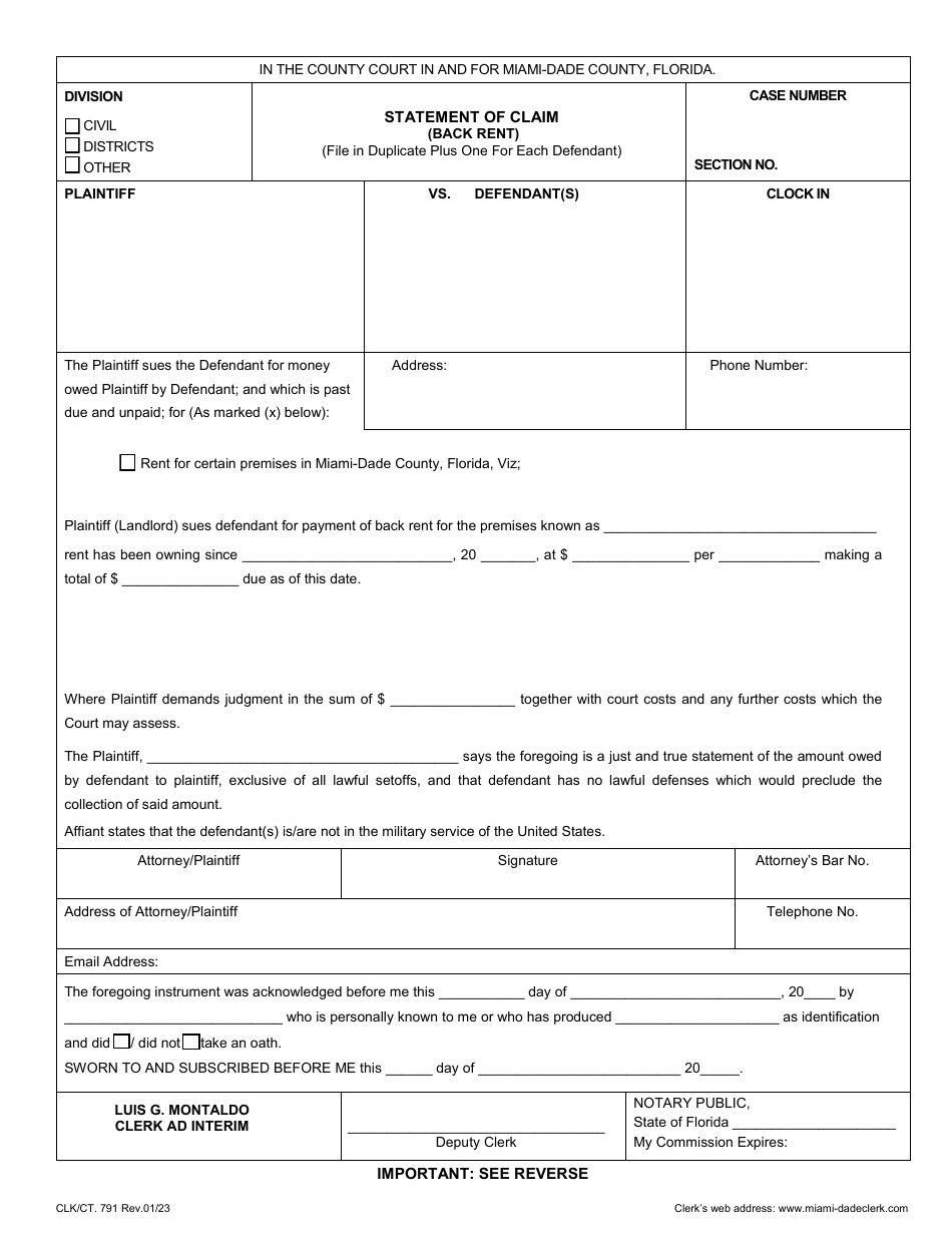 Form CLK / CT.791 Statement of Claim (Back Rent) - Miami-Dade County, Florida, Page 1