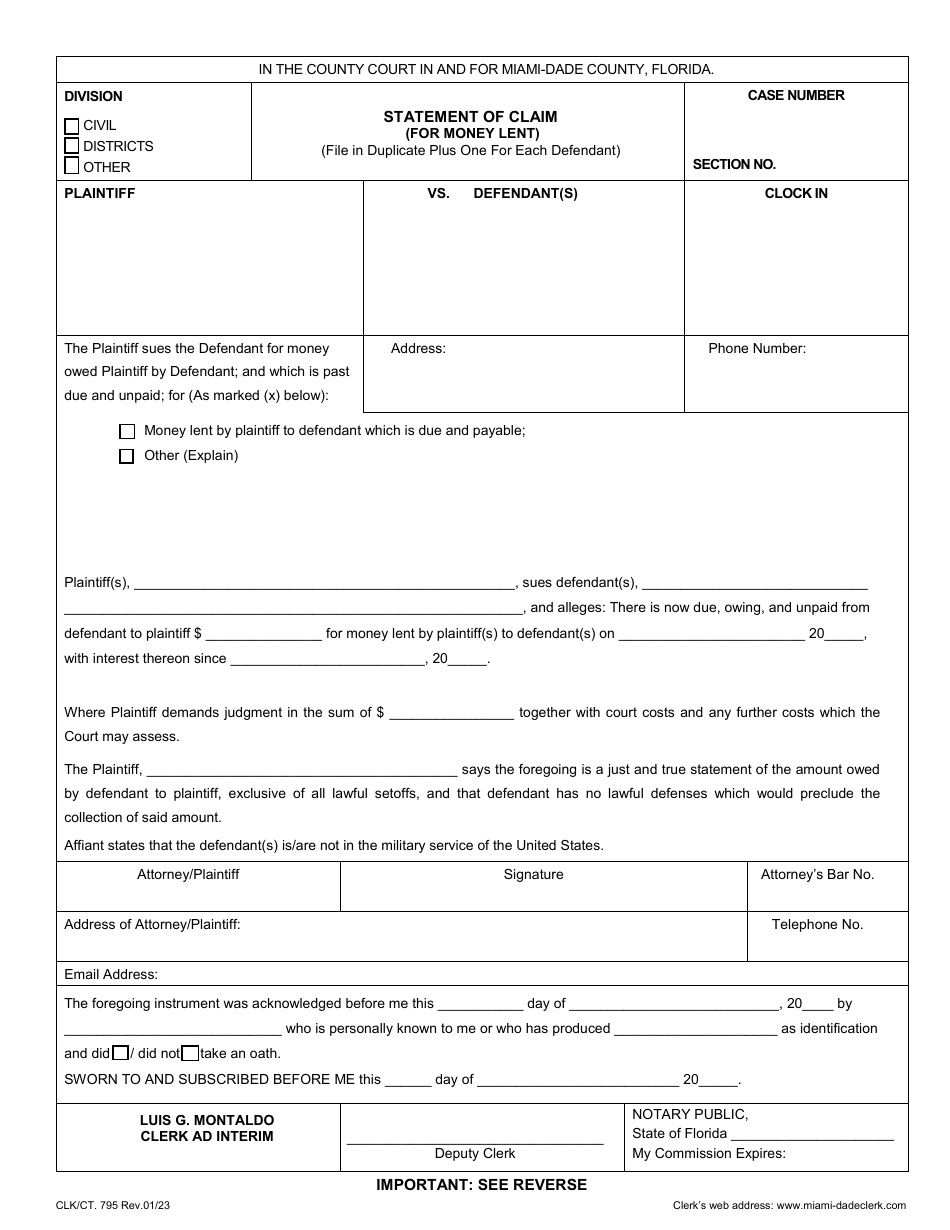 Form CLK / CT.795 Statement of Claim (For Money Lent) - Miami-Dade County, Florida, Page 1