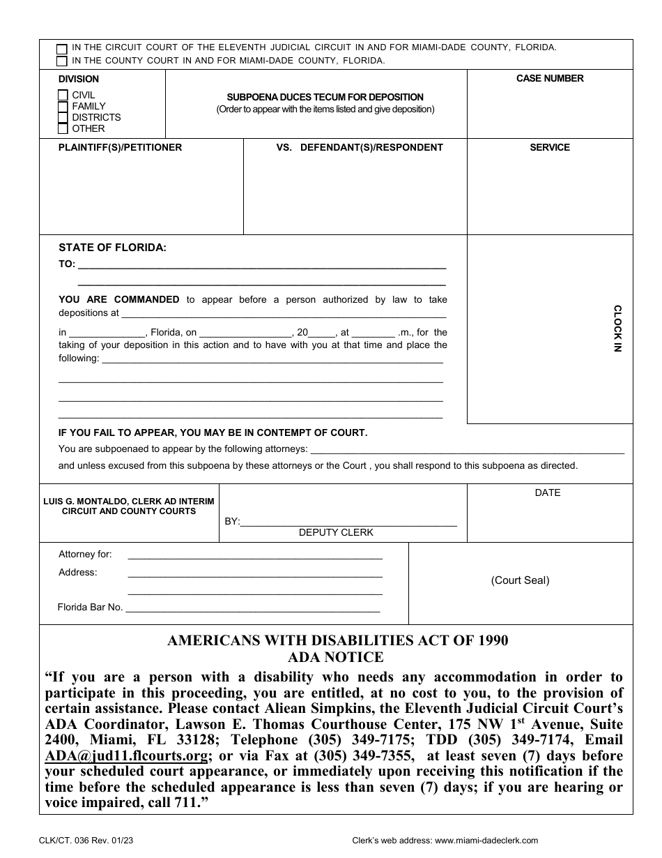 Form CLK / CT.036 Subpoena Duces Tecum for Deposition - Miami-Dade County, Florida, Page 1