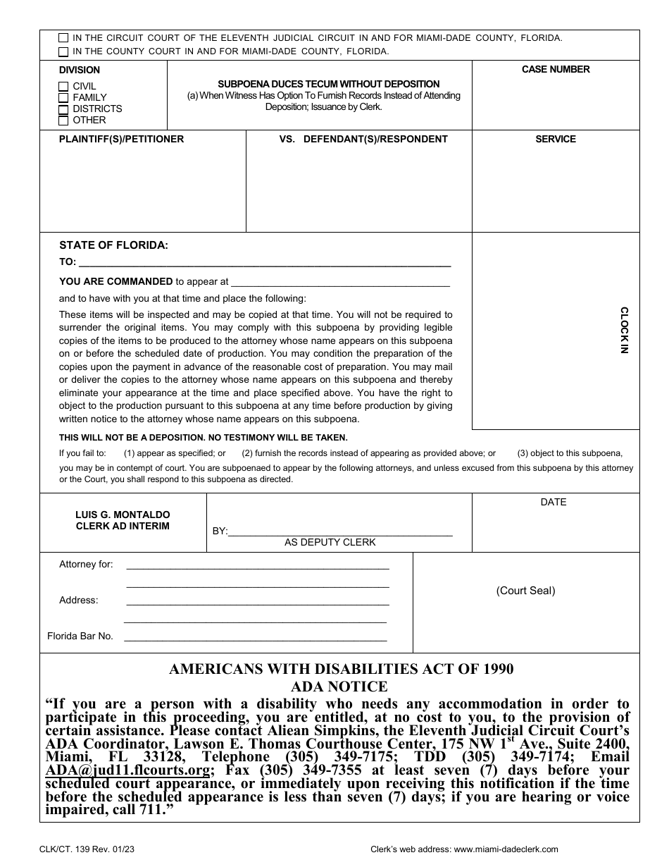 Form CLK / CT.139 Subpoena Duces Tecum Without Deposition - (A) When Witness Has Option to Furnish Records Instead of Attending Deposition; Issuance by Clerk - Miami-Dade County, Florida, Page 1