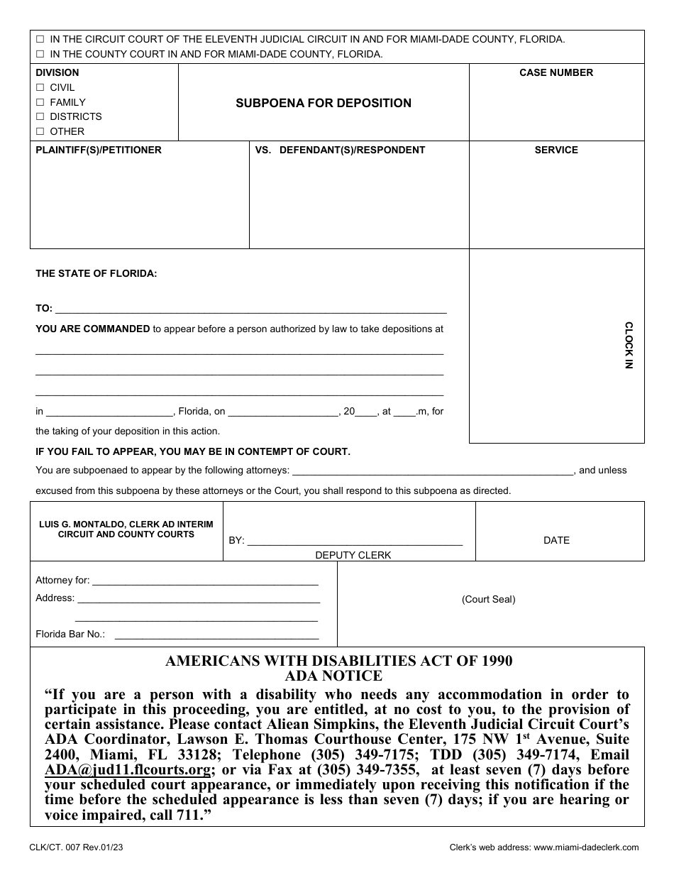 Form CLK / CT.007 Subpoena for Deposition - Miami-Dade County, Florida, Page 1