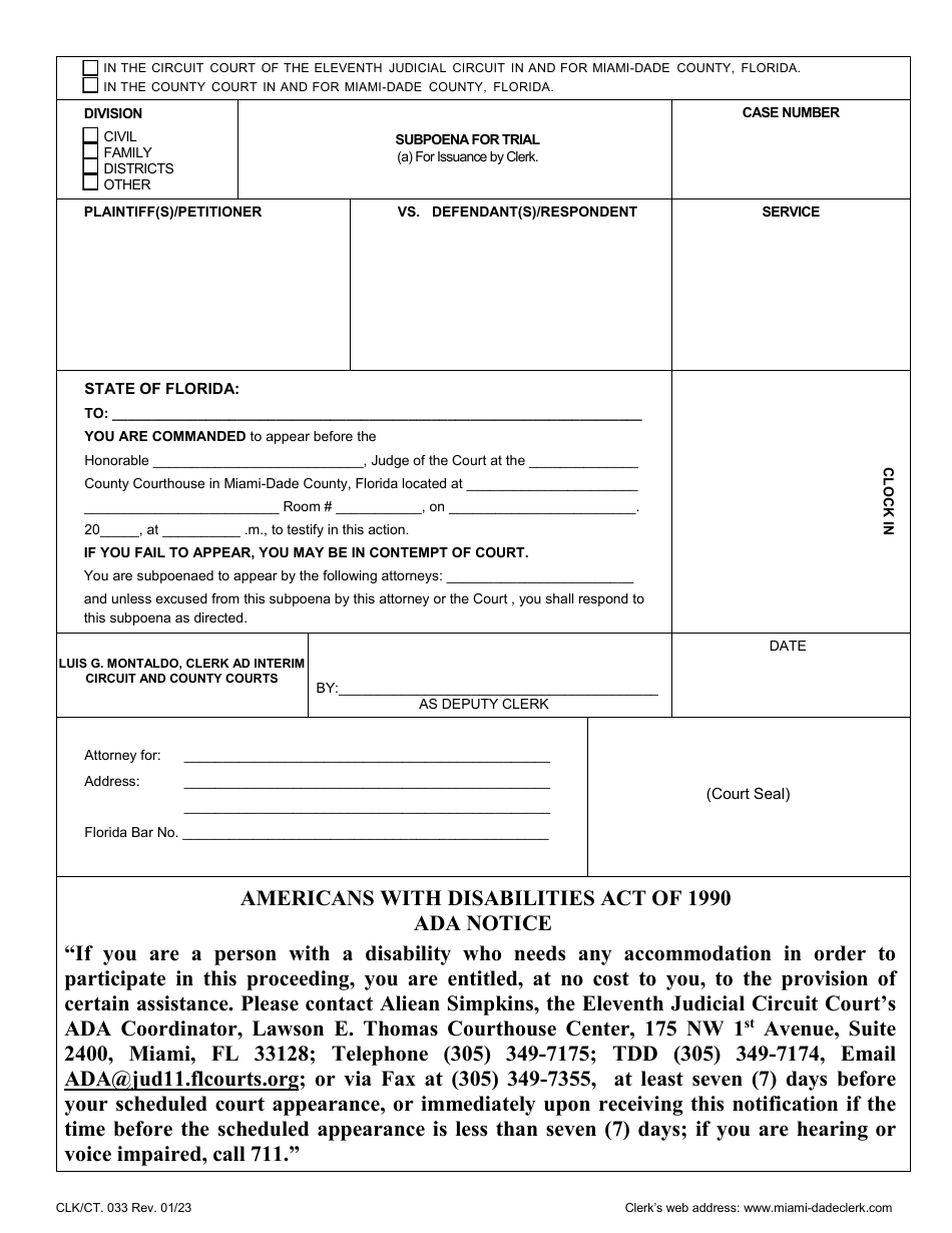 Form CLK/CT.033 Subpoena for Trial - (A) for Issuance by Clerk - Miami-Dade County, Florida, Page 1