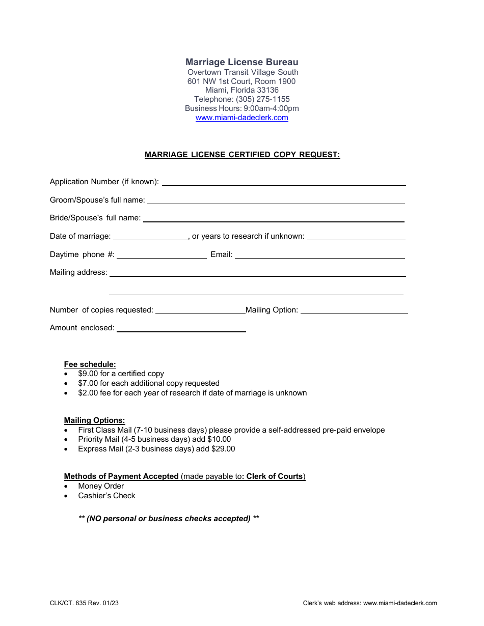 Form CLK/CT.635 Marriage License Certified Copy Request - Miami-Dade County, Florida, Page 1