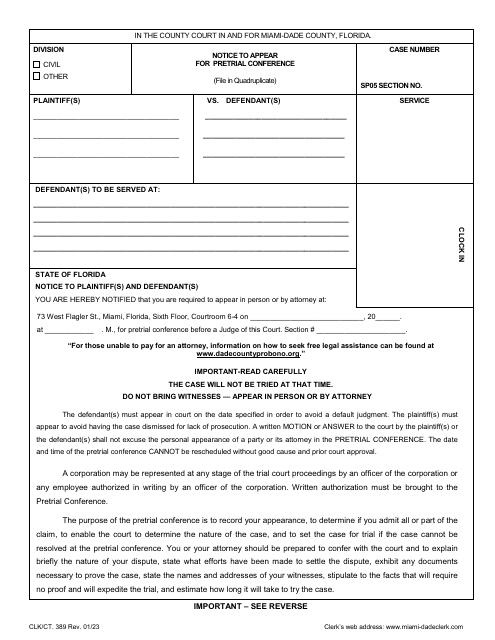 Form CLK/CT.389 Notice to Appear for Pretrial Conference - Miami-Dade County, Florida