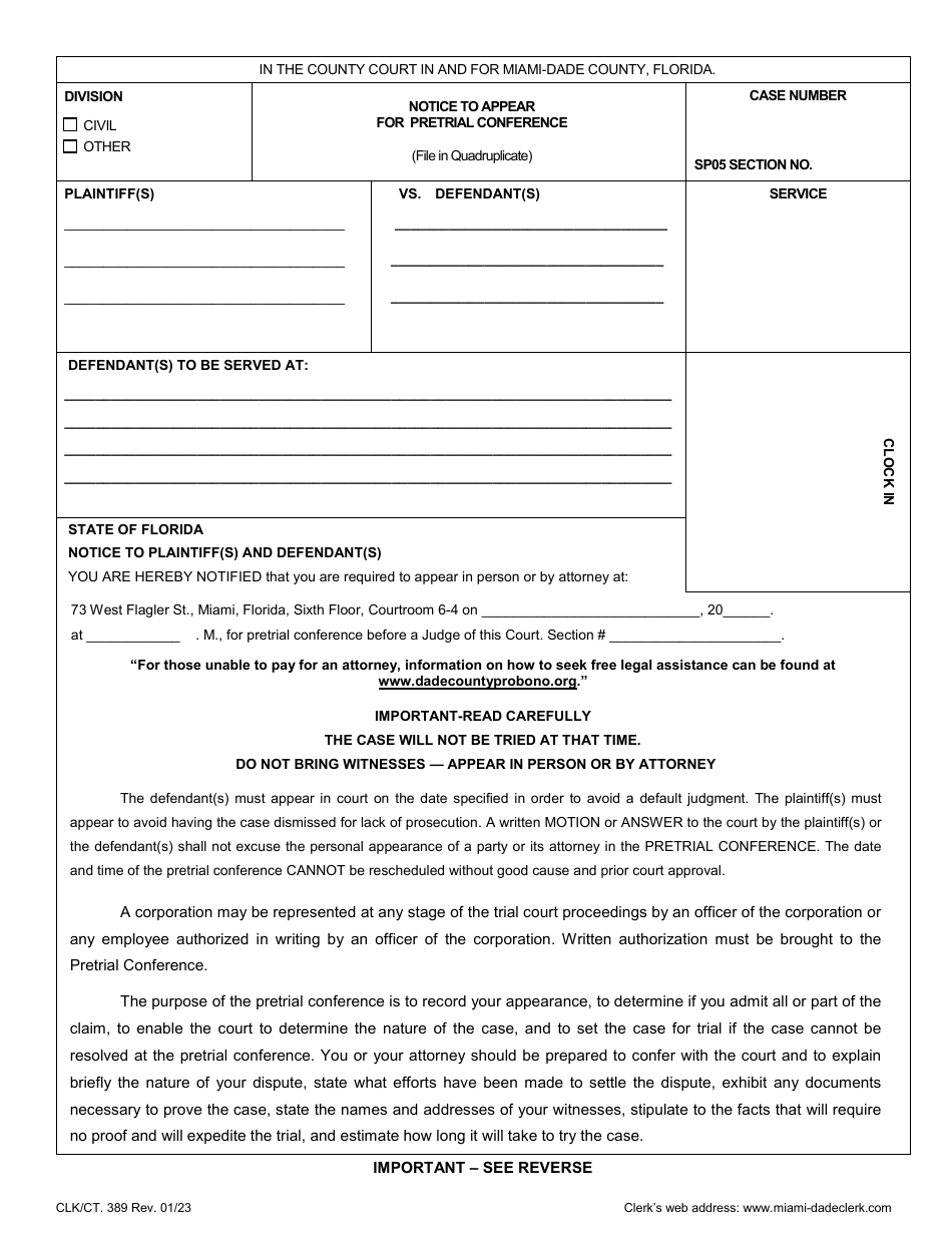 Form CLK / CT.389 Notice to Appear for Pretrial Conference - Miami-Dade County, Florida, Page 1