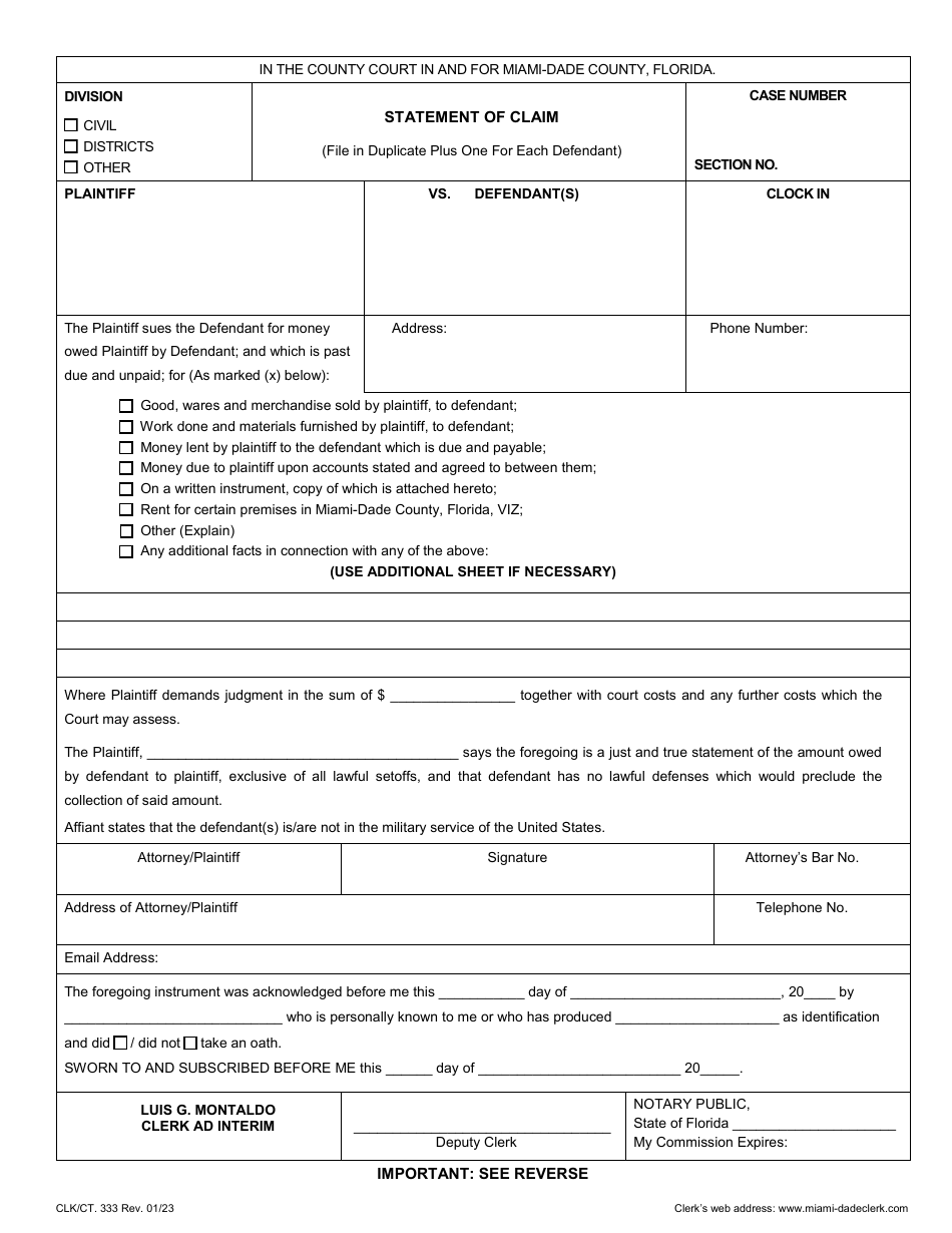 Form CLK / CT.333 Statement of Claim - Miami-Dade County, Florida, Page 1