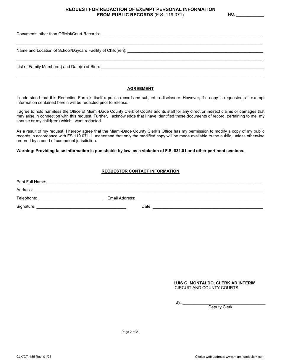 Form CLK / CT.455 Request for Redaction of Exempt Personal Information From Public Records - Miami-Dade County, Florida, Page 2