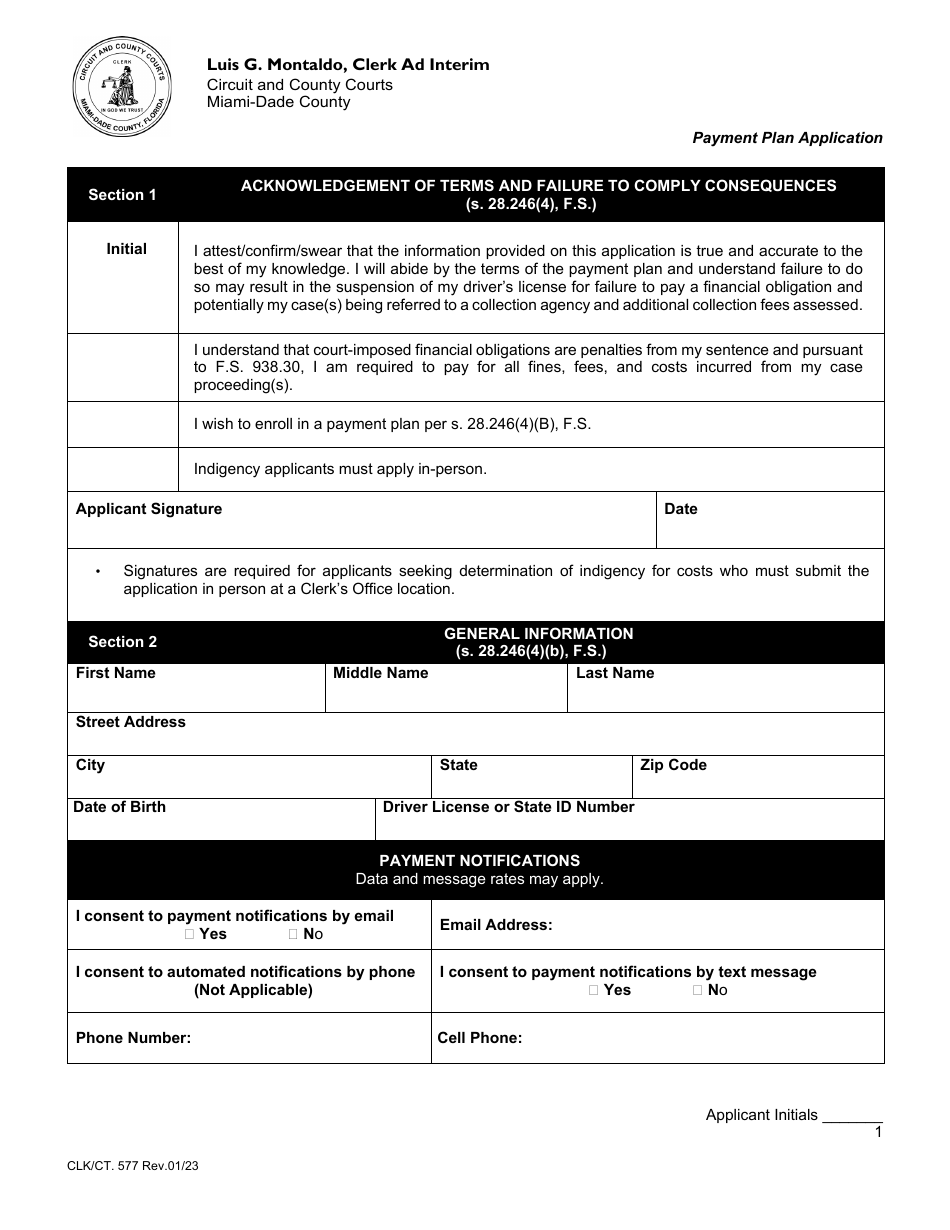 Form CLK/CT.577 Payment Plan Application - Miami-Dade County, Florida, Page 1