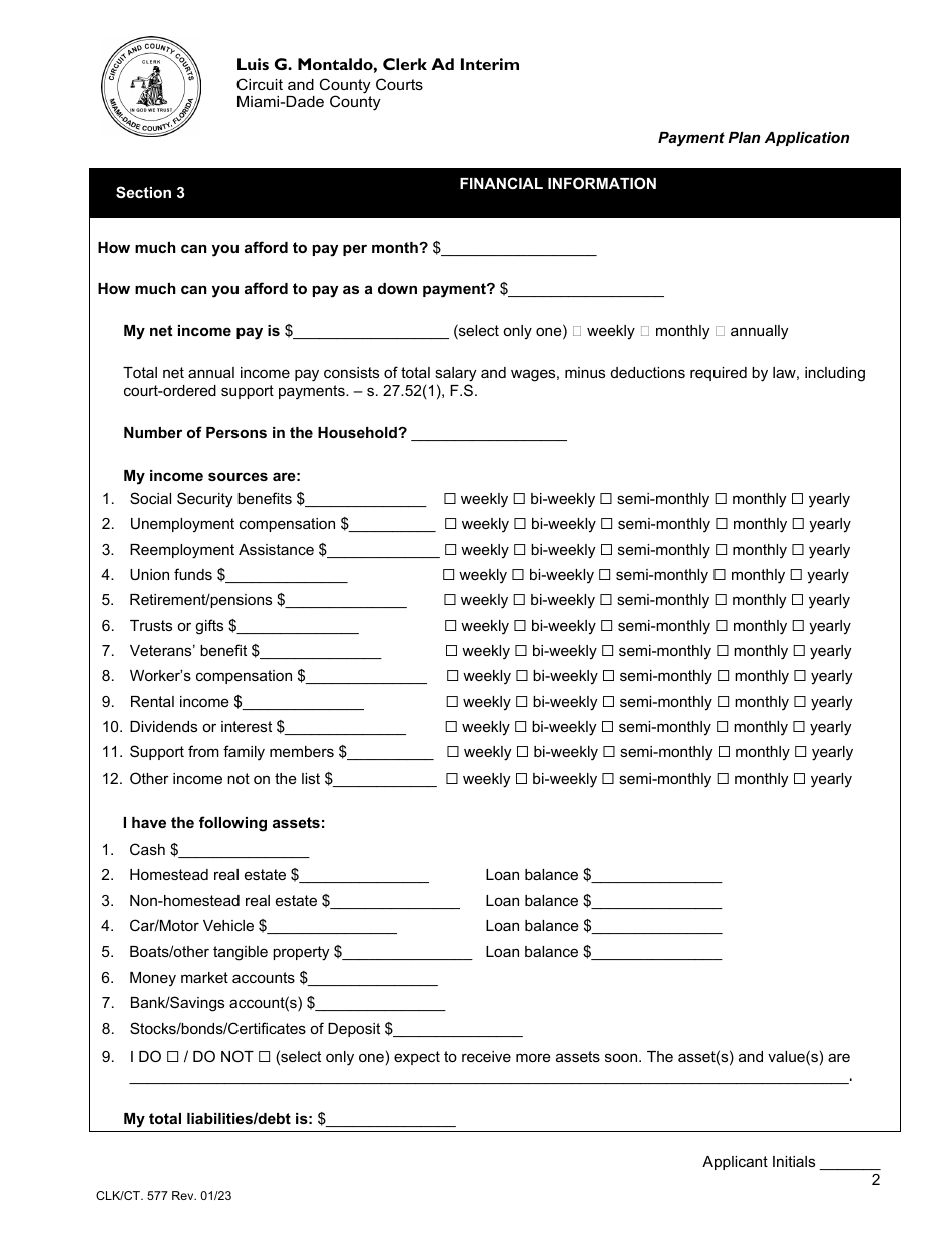 Form CLK / CT.577 Payment Plan Application - Miami-Dade County, Florida, Page 2