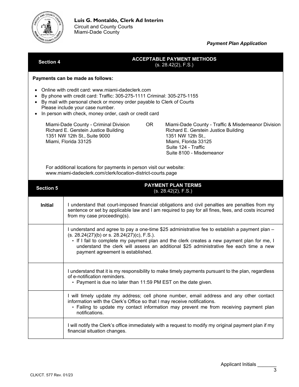 Form CLK / CT.577 Payment Plan Application - Miami-Dade County, Florida, Page 3