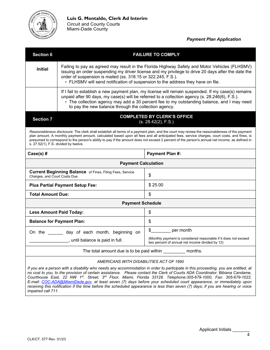 Form CLK / CT.577 Payment Plan Application - Miami-Dade County, Florida, Page 4