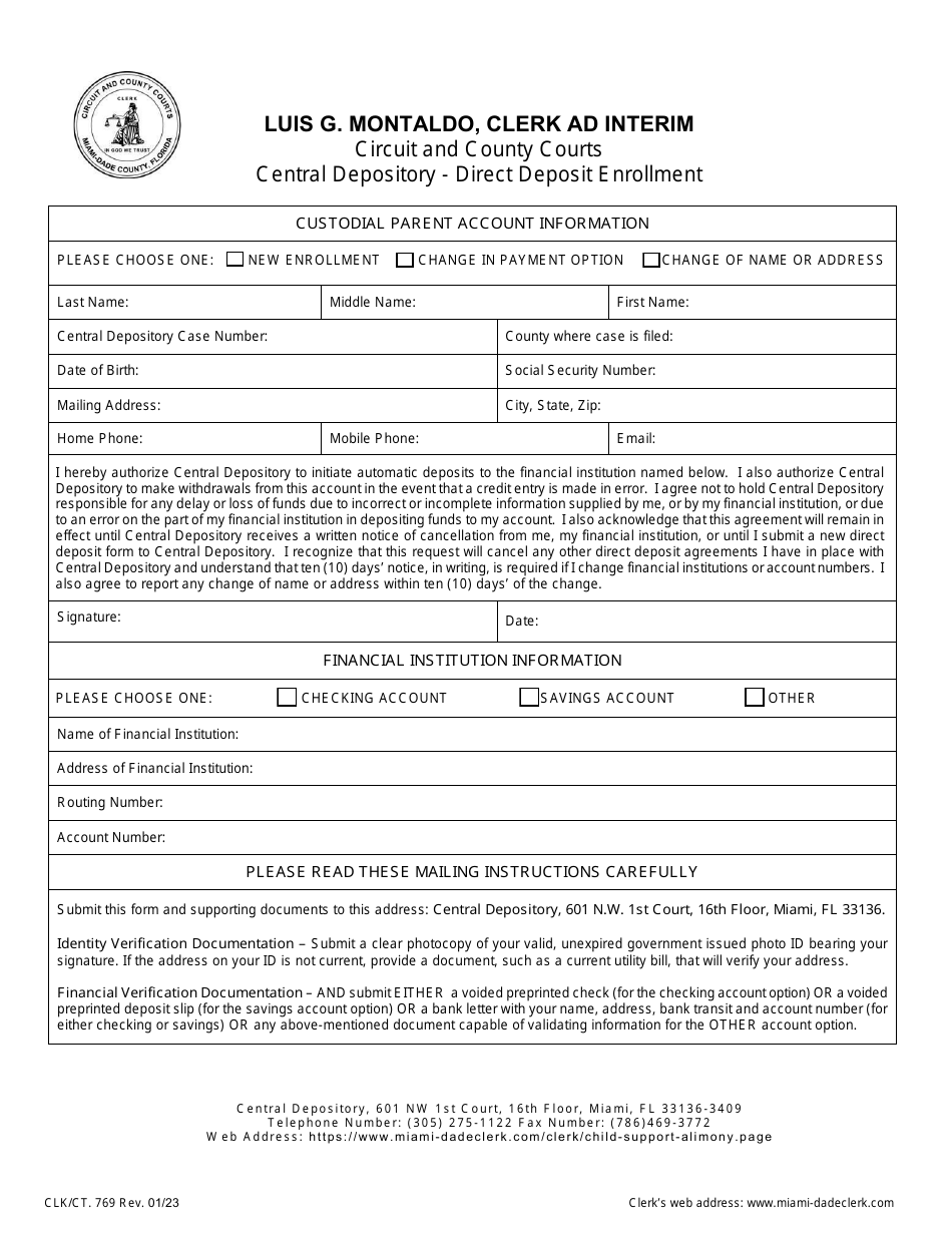 Form CLK / CT.769 Central Depository - Direct Deposit Enrollment - Miami-Dade County, Florida, Page 1