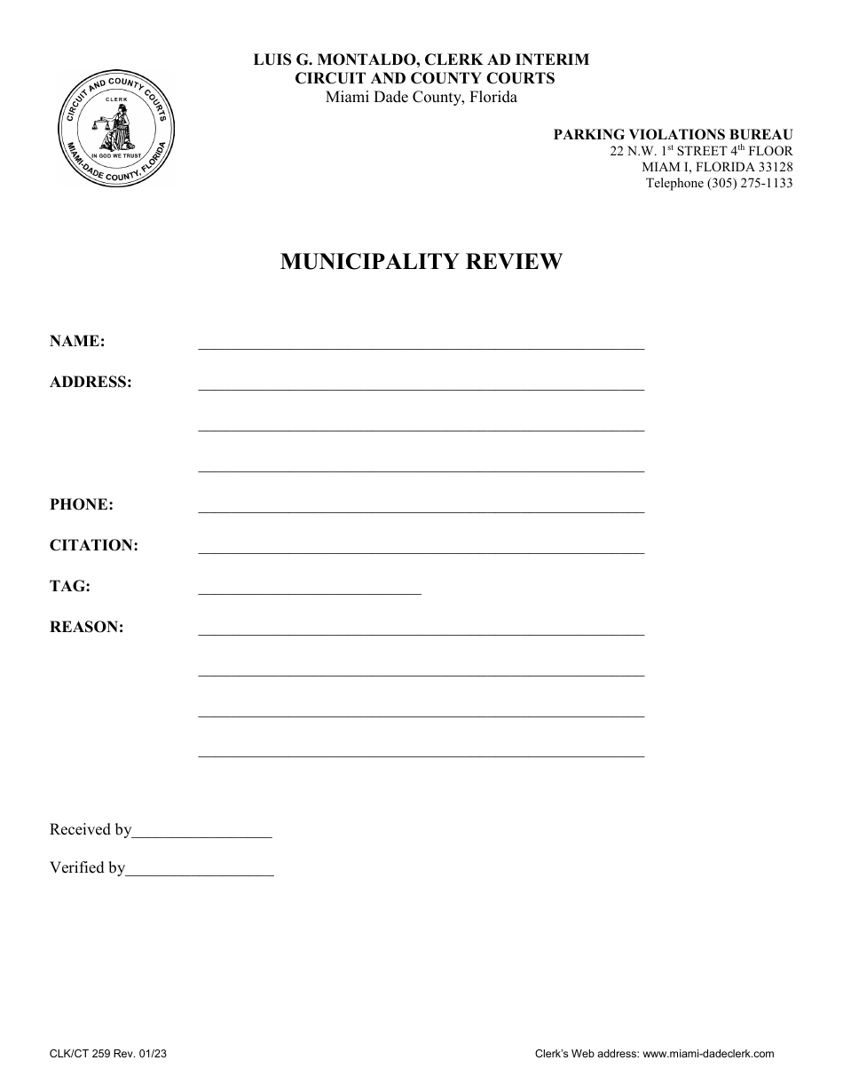 Form CLK / CT259 Municipality Review - Miami-Dade County, Florida, Page 1