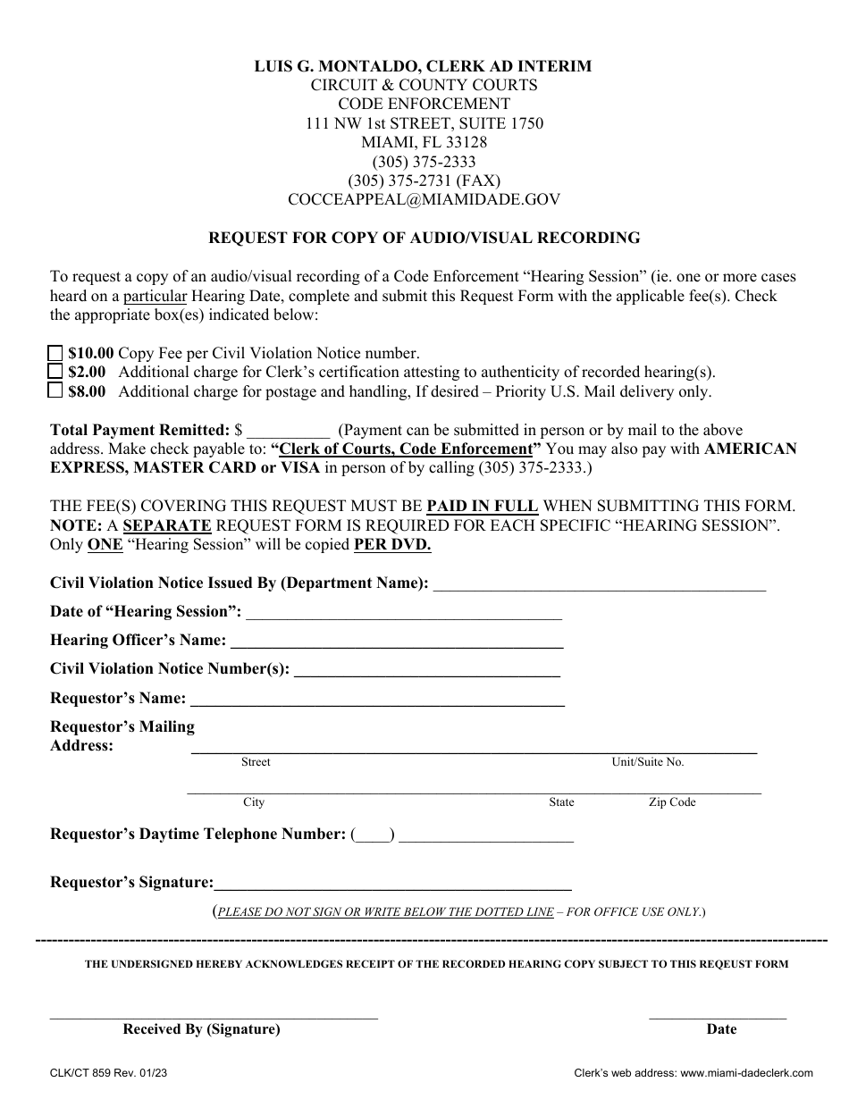 Form CLK / CT859 Request for Copy of Audio / Visual Recording - Miami-Dade County, Florida, Page 1