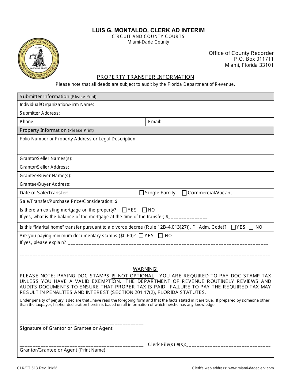 Form CLK/CT.513 Property Transfer Information - Miami-Dade County, Florida, Page 1