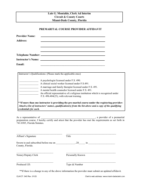Form CLK/CT.545 Premarital Course Provider Affidavit - Miami-Dade County, Florida