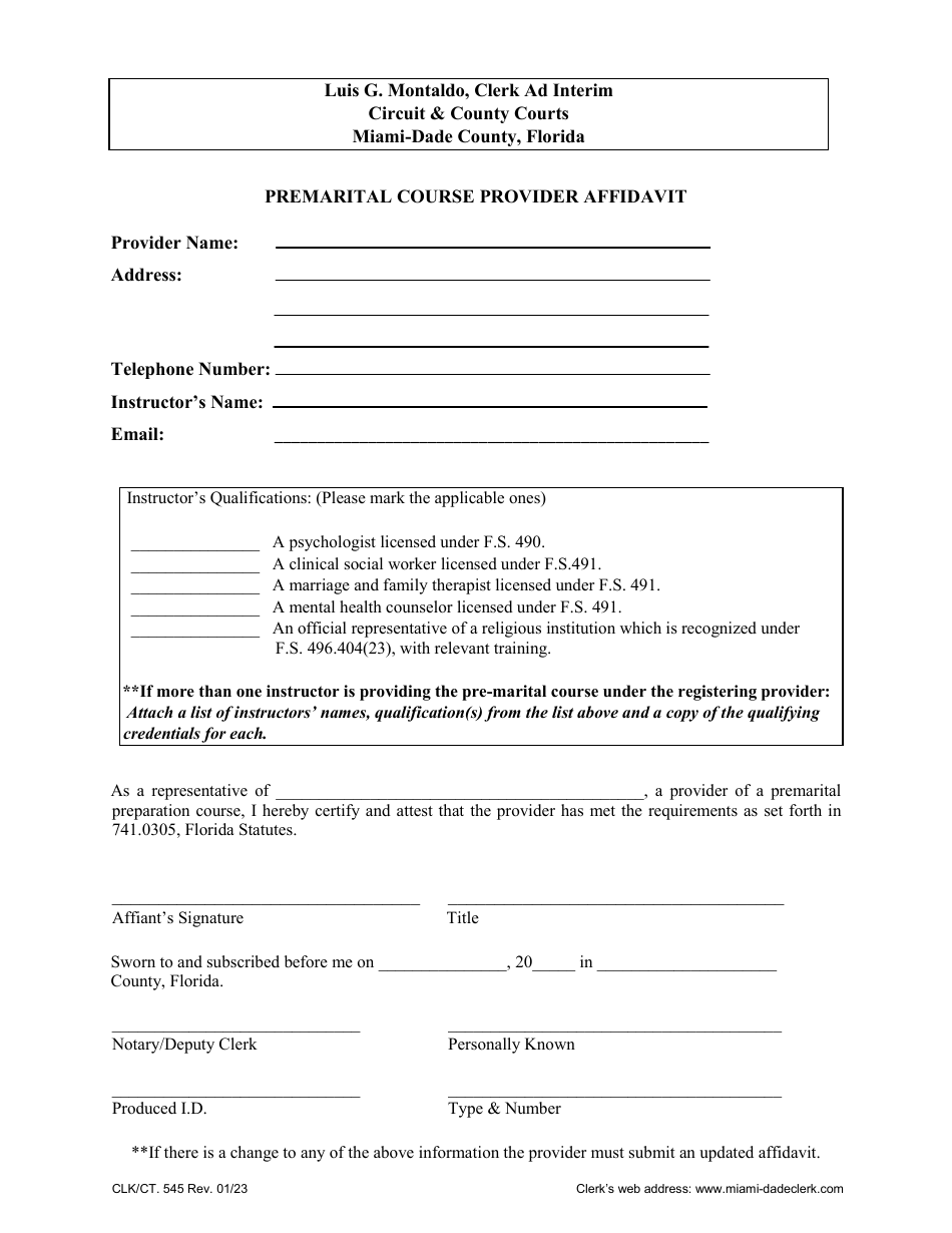 Form CLK / CT.545 Premarital Course Provider Affidavit - Miami-Dade County, Florida, Page 1