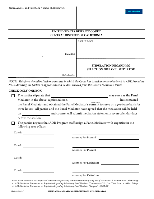 Form ADR-02 Stipulation Regarding Selection of Panel Mediator - California